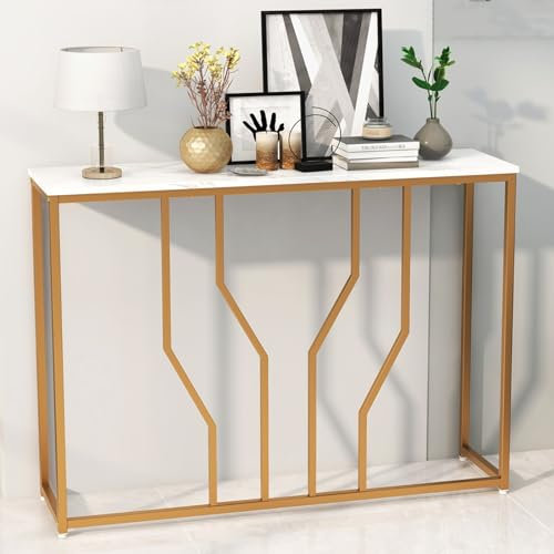 LIFEZEAL Mesa Consola de mármol, Mesa recibidor Entrada de almacenaje Abierto, Mesa Auxiliar Estrecha con Estructura de Metal para Pasillo, Salón (110 x 30 x 80 cm)