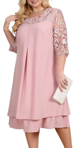 OBEEII Vestido de gasa para mujer, talla grande, media manga, cuello redondo, bordado floral, formal, fiesta, boda, invitada, cóctel, Reino Unido, Rosa Lotus, 3XL
