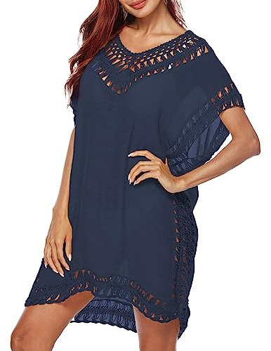 Minicoco Women Beach Dress Bikini Cover-Ups, V-Neck Summer Holiday Swimsuit Cutout Crochet Beach Tunic Boho Beachwear Swimsuit Bikini Cover-Ups for Summer (Polyester, Navy Blue)