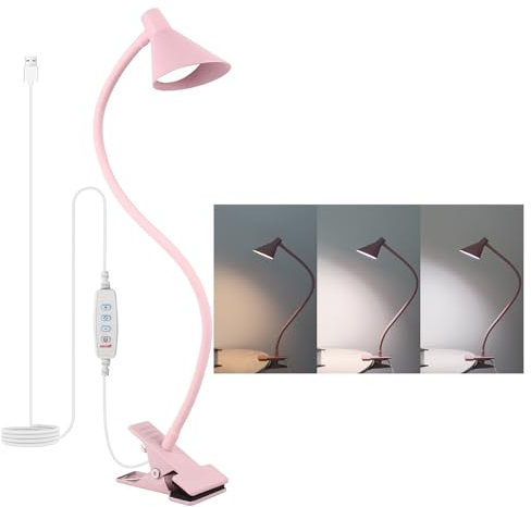 Qooltek Leselampe Klemme mit 3 Farbmodi 10 Helligkeit, Klemmlampe Bett für Schreibtisch Nachttisch, 5W USB Schreibtischlampe mit flexiblem Arm, Pink
