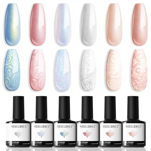 Modelones Smalti Semipermanenti Unghie, 6 Colori Bianco Blu Rosa Nudo Effetto Perla con Stick, Smalto Gel Unghie UV Gel French Manicure, 7ml