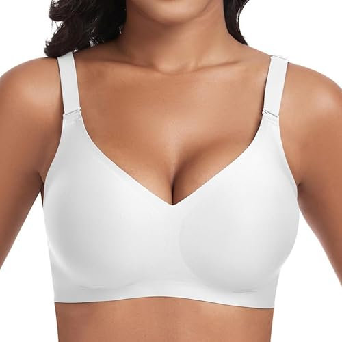 Cavotor Women Seamless Bra Non Wired Push Up Support Bras for Saggy Breasts Wireless T Shirt Soft Comfort Ladies V Neck Padded Bralettes with Extender (White,XL)