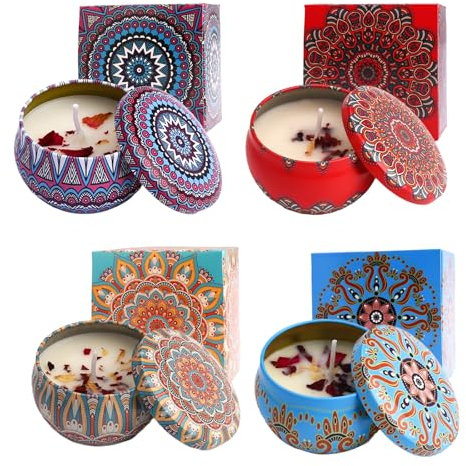 Bolosa Duftkerzen Geschenkset,4 Stück Aromatherapie Kerzen mit Sojawachs in Dosen, Duftkerzen Geschenke, Kerzen Lavendel, Rosenduft, Zedernwald, Limette Zitrusfrüchte