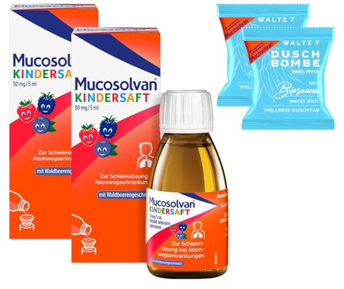 MUCOSOLVAN® Kindersaft mit Ambroxol - Schleimlösung für Kinder bei zähem Hustenschleim - 2 x 250 ml, mit 2 Duschbomben