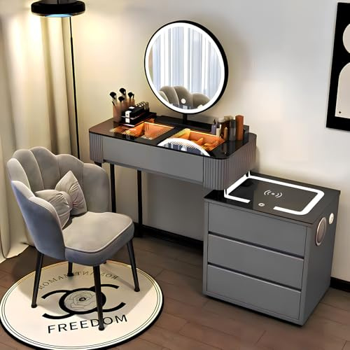 yalmond Wooden Vanity Table Set with LED Lights Mirror, White Bedroom Dressing Table with 5 Drawers and Chair Makeup Table, Girl Modern Vanity Makeup Desk Set (Grey, 80CM)