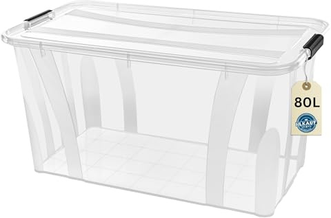 Aufbewahrungsboxen mit Deckel, 7L 14L 21L 32L 55L 80L Plastik Boxen Klickverschluss Stapelboxen 1er/3er Sets Lebensmittelecht Transparent Haushalt & HLKauf-Block (1er 80-Liter & 1x HLKauf-Block)