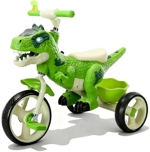 NMM Triciclo de Estilo Dinosaurio, Bicicleta con Claxon, Bicibebe Infantil para 2-8 años, Luces Geniales, Capacidad de Carga 35 kg, Verde