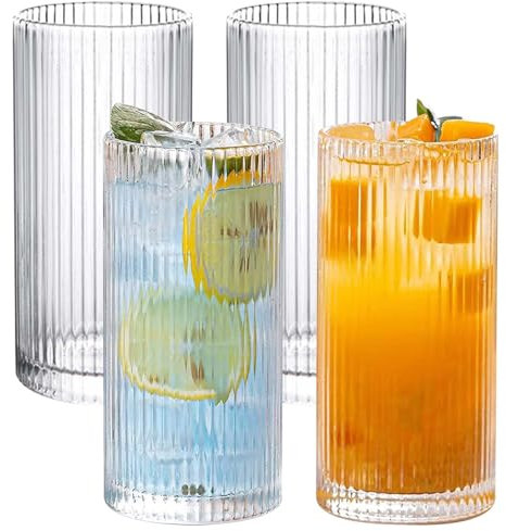 Lot de 4 verres à long drink - 360 ml - En verre - Style origami - Pour whisky, bière, jus, mojito, famille, camping, fête, passe au lave-vaisselle