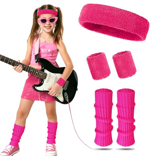 EQLEF 4 Pcs 80s Fancy Dress for Kids, Neon Knit Leg Warmers Kids and Fitness Children Wristbands and Neon Headbands for Theme Party Dance Party Carnival (Pink, One Size)