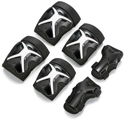 BOSONER Knieschoner Kinder Schoner Inliner Protektoren: 6er Set Schützer Inline Skates Knie Und Ellenbogenschützer Knieschützer Rollschuhe Schutzausrüstung (Schwarz, M (9-15 Jahren))
