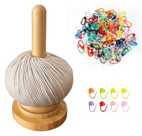 Premium Bamboo Yarn & Wool Holder with 50 Random Color Stitch Markers - Rotating Spinner for Tangle-Free Crochet and Knitting, Portable Craft Gift