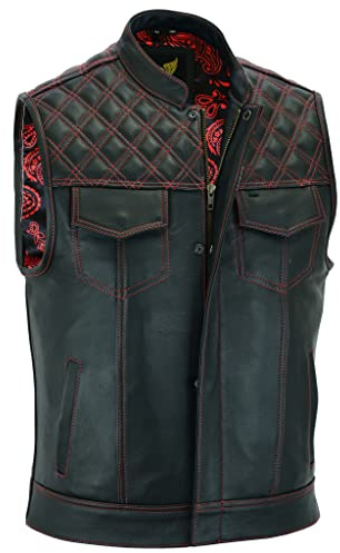 Leatherick Groove Club svart läderväst för män – traditionell paisley satin foder, Röd romb sydd, 66