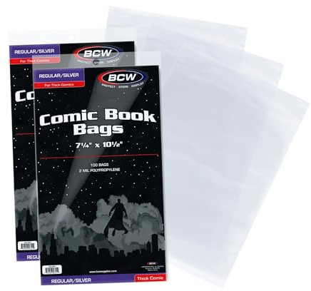 BCW Thick Silver Age Comic Bags - 200 ct | Archival Quality, Acid-Free Protection for Silver Age Comic Books | 7 1/4 x 10 1/2 inches Comic Collection Storage Comic Books Bags