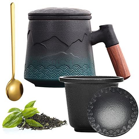 Yuragim Teetasse mit Sieb und Deckel, Teebecher Keramik mit Holzgriff, 400ml Tee Tassen Gross Gradienten Geprägtem Losen für den täglichen und Bürogebrauch, Muttertagsgeschenke für Mama, Freunde