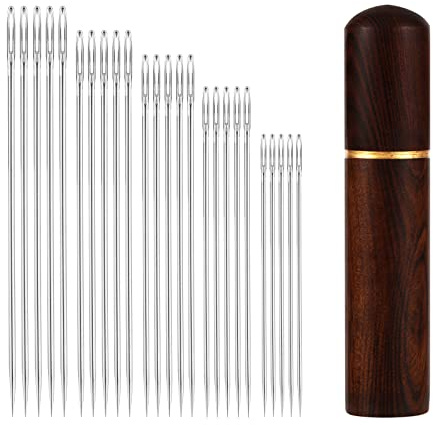 25 Piezas Agujas de Coser de Ojo Grande, Acero Inoxidable Agujas de Tejer Agujas de Coser a mano con Caja de Agujas de Madera de Ébano para Proyectos de Costura (5 Tamaños)