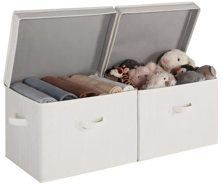 StorageWorks Storage Boxes with Lids, Extra Large Storage Baskets for Shelves, Fabric Clothes Storage Boxes with Lids, Pretty Top Wardrobe Organisation, Mixing of Beige, White & Ivory, 2-Pack