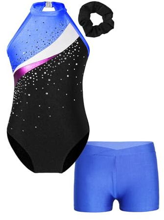 Oyolan Barn flicka gymnastiktrikåer strass med shorts dans gym skridskoåkning kostym show träning 5–16 år, Färg: blå, 13-14 �r
