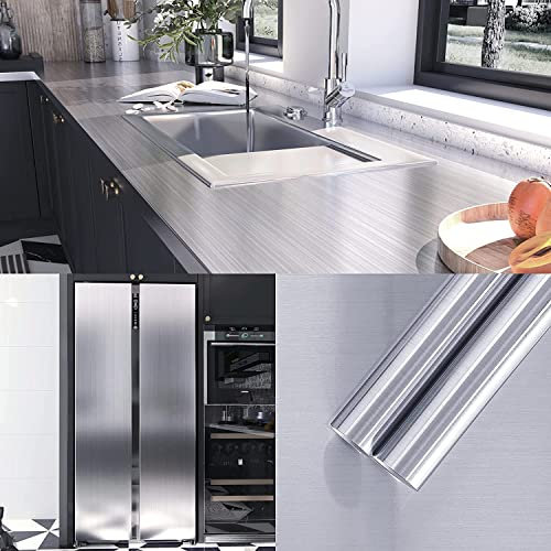 VIOPVERY Silver Stainless Steel Contact Paper 90X500CM Wallpaper Peel and Stick Wall Paper Waterproof Easily Removable Self-Adhesive Film Wall Covering for Metal Surface Kitchen Cabinet Refrigerator