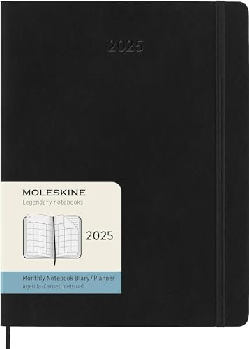 Moleskine Monthly Planner, Agenda Mensual 12 Meses 2025, Tapa Blanda y Cierre Elástico, Color Negro, Formato Extra Grande 19x25 cm