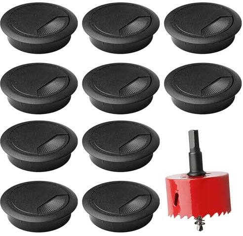 Pasacables para escritorio, color negro, para escritorio, pasacables con 1 sierra perforadora, cubiertas para agujeros de cable, organizador de oficina, pasacables redondo para cables de estación de