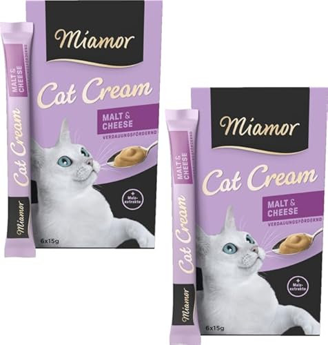 Miamor Cat Cream Malt & Cheese | Doppelpack 2X 6x15g (180g) | Verdauungsfördernd | ganz ohne Farb- und Konservierungsstoffe