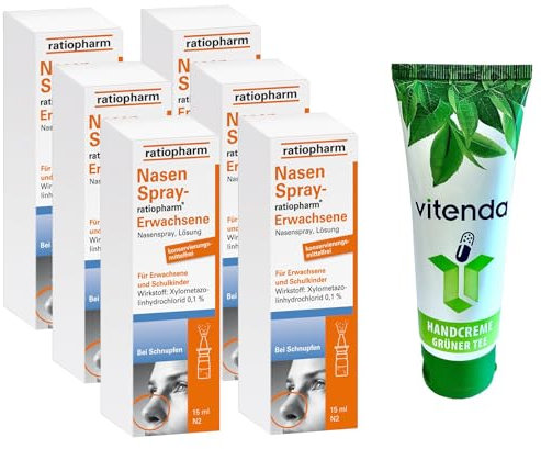 Nasenspray Ratiopharm 6x15ml inclusive einer Handcreme von vitenda - die zuverlässige Lösung bei Schnupfen mit verstopfter Nase, befreit schnell und effektiv