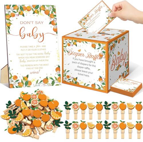 Cinnvoice 102 Pcs Diaper Raffle Tickets with Raffle Box Baby Shower Party Decorations Don't Say Baby Sign Clothespin for Gender Reveal Party Invitation Insert Card Theme Game(Orange,Cutie)