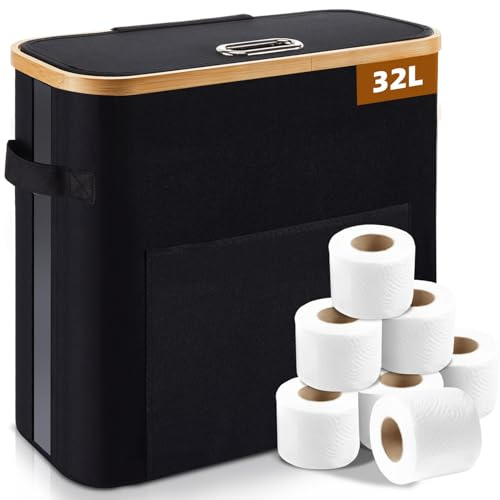 OUSFOT Cestino per Carta Igienica, 32L Porta Carta Igienica Cesto Portaoggetti con Coperchio per 12 Rotoli di Carta Igienica Organizer Bagno Nero