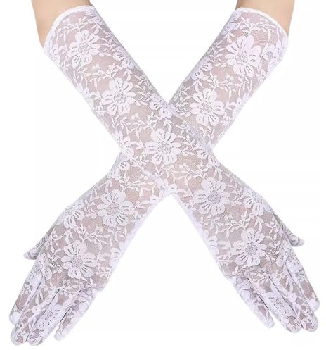 Spitzenhandschuhe Weiß Lang Handschuhe Spitze Weiße Halloween Handschuhe Damen Elegant 80er Ellenbogenlänge Spitzen Blumenhandschuhe für 1920er Jahre Teeparty Hochzeit Braut Cosplay Karneval Zubehör