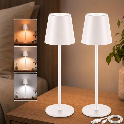 PRIME ESSENTIALS® PACK AHORRO 2 Lámparas LED de Mesita de Noche Color Blanco para Dormitorio sin Cables I Lámpara Táctil de Mesa de Lectura Recargable I 3 Modos de Luz con Brillo y Altura Ajustable.
