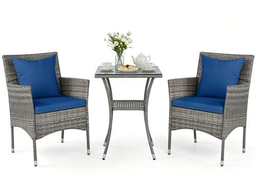 TANGZON 3 Pieces Rattan Patio Bistro Set, 2 Tier Glass-Top Outdoor Dining Table and 2 Garden Armchairs with Removable Cushions, Wicker Garden Furniture Set for Balcony Backyard (Navy+Mix Grey)