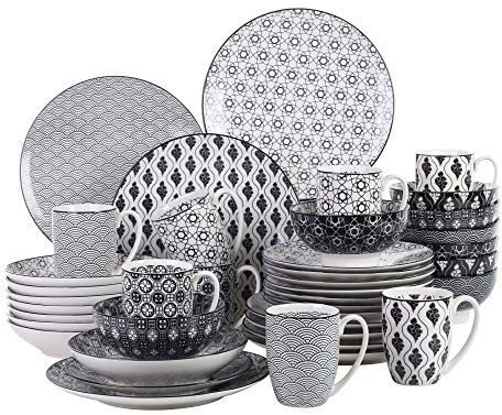 vancasso Haruka Servizi di Piatti 40 pezzi Stile Giapponese in Premium Porcellana con Piatti Piani Piatti Fondi Tazze da Tè Mug Scodella Ciotole per Cereali Piatti Frutta