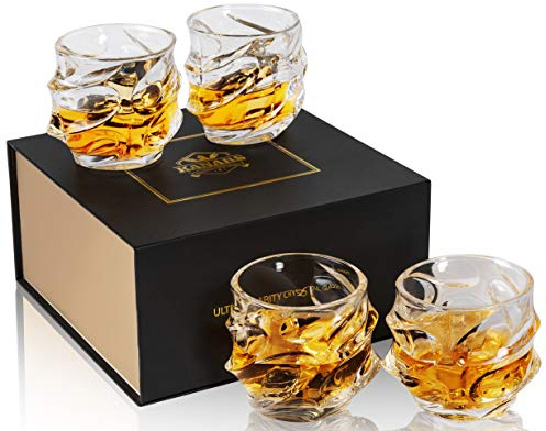 KANARS Old Fashioned Whiskey Glasses 11 Oz - Emperor Rocks Glasses Set of 4 for Bourbon Cocktail Scotch Snifter Malt Cognac - Heavy Crystal Bar Glassware - Unique Men Gift