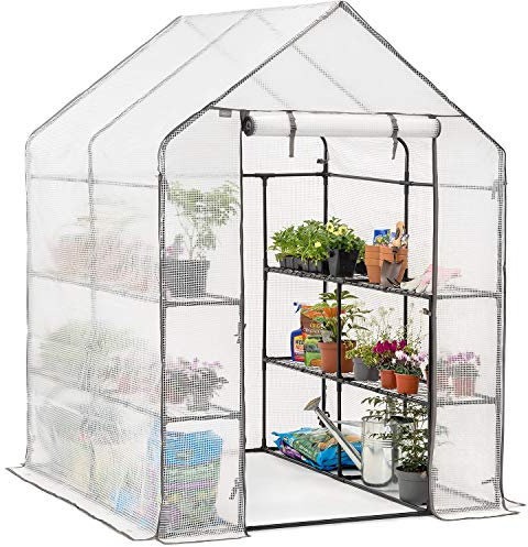 Christow Walk In Greenhouse With Shelves, Reinforced Green House With Tubular Steel Frame, 8 Shelf Heavy Duty Growhouse, 6ft 4in x 4ft 7in x 4ft 7in
