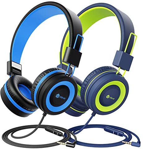 iClever 2 Pack Kinder Kopfhörer, 85/94 dB Kabelgebundene Kopfhörer für Kinder mit MIC, Lautstärkeregelung Einstellbare Stirnband, Faltbar auf Ohr Kopfhörer Kinder für Schule