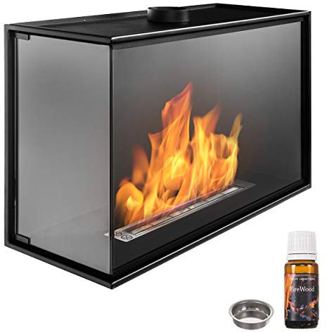 Bio-Eckkamin 800mm mit Vollverglasung. Biokamin Nice-House mit der linken Seite offen. Das Glas bedeckt die gesamte Höhe des Bio kamin.