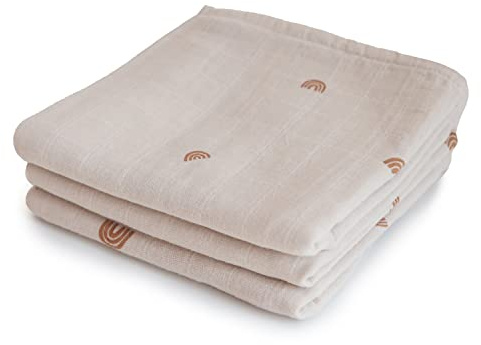 Mushie Muslin Cloth | 1x Set of 3 Pack Muslin Cloths | Use: Mini Blanket & Other Nursery Needs | Material: 100% Organic Cotton | 58x60cm | Extra Soft for Babies & Toddlers (Rainbows)