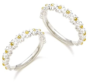 I Think About You Every Delicate Tiny Daisy Flower Finger Ring Adjustable Size for Women Friendship Love Jewelry Gift-B two rings