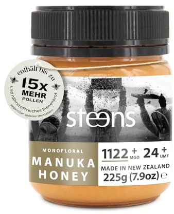 Steens Miel de Manuka - MGO 1122+ - 100% certifié Miel Manuka cru pur UMF 24+ - Mis en pot et scellé en Nouvelle-Zélande - Manuka Honey 225 g
