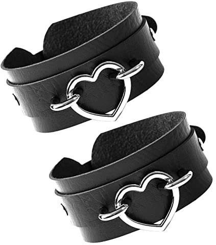 JJDreams 2 Stück Punk Gothic breite geflochtene Lederarmband Herz Manschette Armband für Frauen