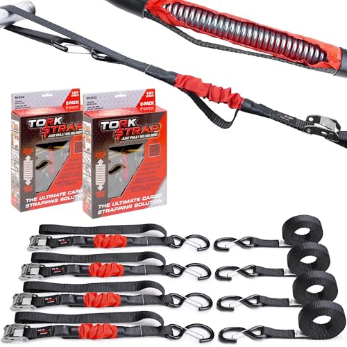TorkStrap M500 | 14' x 1'' Self Tensioning Tie Down Straps - Automatically Adapt to Load Shifts - 1,500LB Break Strength - Pull Alternative to Ratchet Straps - Integrated Soft Loops & Hooks (4-PK)