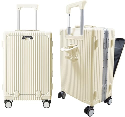Turmaster Patented Airline Genehmigt Handgepäck mit Spinner-Rädern, 20 Zoll Koffer mit Aluminiumrahmen, integriertes TSA-Schloss, mit USB-Anschluss & Tasse, Handy-Halterung Reisekoffer (Weiß)