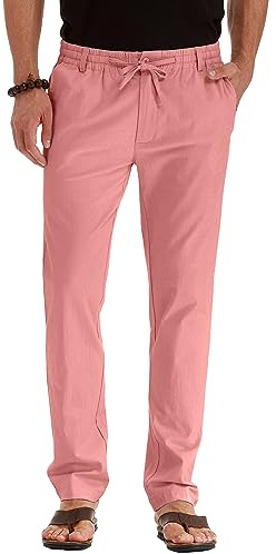 Sailwind Pantaloni da uomo estivi da spiaggia con coulisse, pantaloni in lino casual con elastico in vita, B13 Rosa, 90