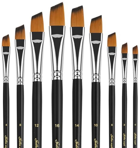 Angular Paint Brush, 9 Piece Oblique Tip Nylon Hair Long Handle Angled Paint Brushes Set Art Artist Professional Painting Supplies for Acrylic, Watercolour, Gouache and Oil Painting
