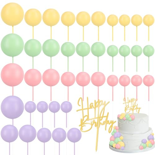 Vyuwast 41Pcs Mini Cake Balls Cake Topper Decoration Mini Balloons Cupcake Toppers Foam Balls with Happy Birthday Cake Decorating Kits for Birthday Baby Shower Wedding Party(Macaron)