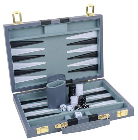 RERIVER Backgammon Set 2 Players Classic Backgammon Sets for Adults Board Game with PU Leather Case Portable and Travel Backgammon Set (Grey, 11inch)