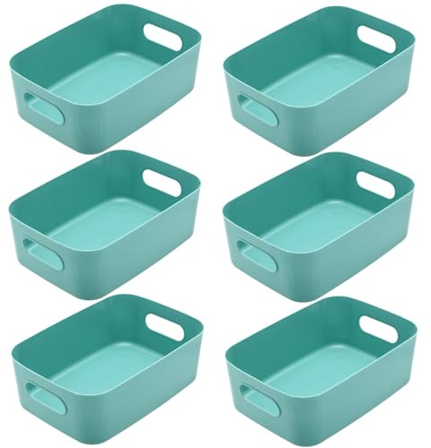 LOSYHU 6Pcs Plastic Storage Baskets, Multiple Colors Storage Baskets with Handle, Rectangular Cupboard Boxs Stackable Plastic Baskets for Kitchen, Cupboard, Home, Office （Green