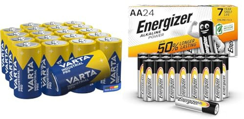 VARTA Piles C Baby, Lot de 20, Industrial Pro, Batterie Alcaline, 1,5V, Pack de Stockage, Made in Germany & Alkaline Power AA, 24 Pack