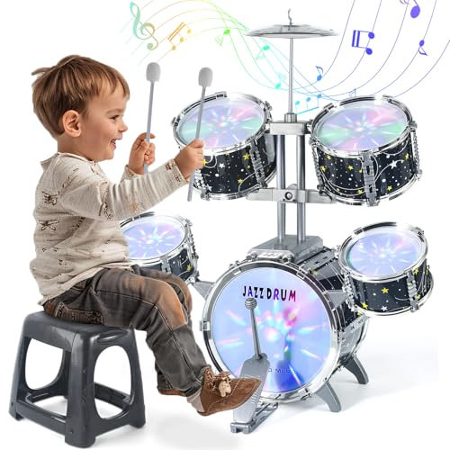 Kids Drum Set for Toddlers 1-3, Upgraded Jazz Drum Set for Kids, Musical Instrument Toys & Lights & All Plastic, Percussion Beginner kit for Boys Girls Toddlers Aged 3-5 5-7
