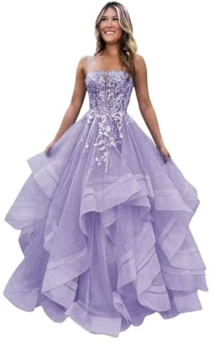 KSIJJWY Sparkly Tulle Prom Dresses for Teens Long Lace Applique A Line Tiered Spaghetti Straps Formal Evening Gowns Lavender US4